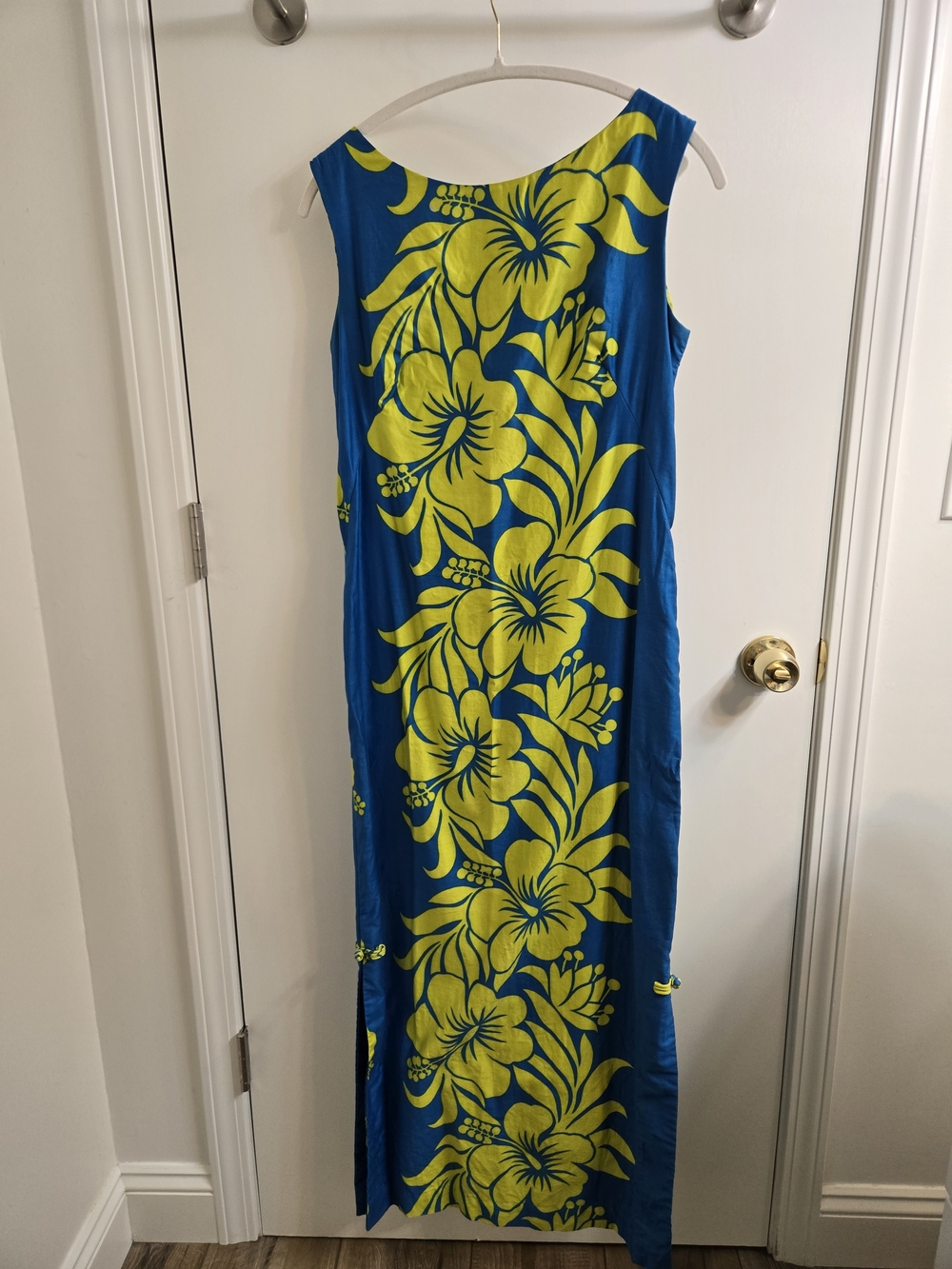 VTG Moana Kai Honolulu Hawaiian Floral Maxi Dress Blue Yellow Small